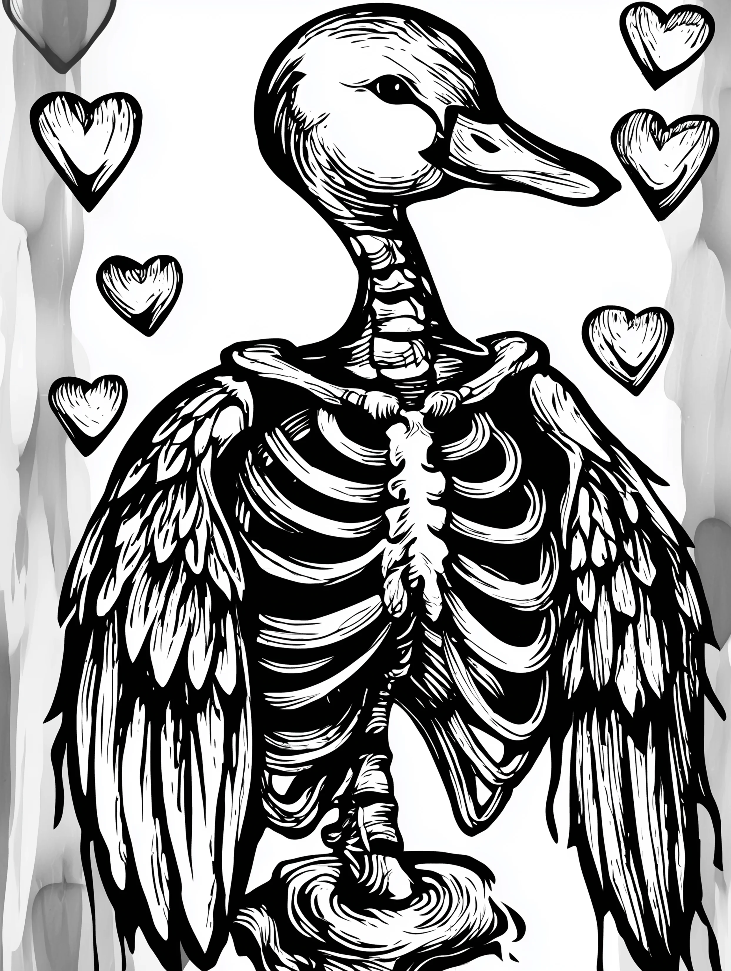 Free printable duck coloring page for adults featuring a duck with hearts and a skeleton
